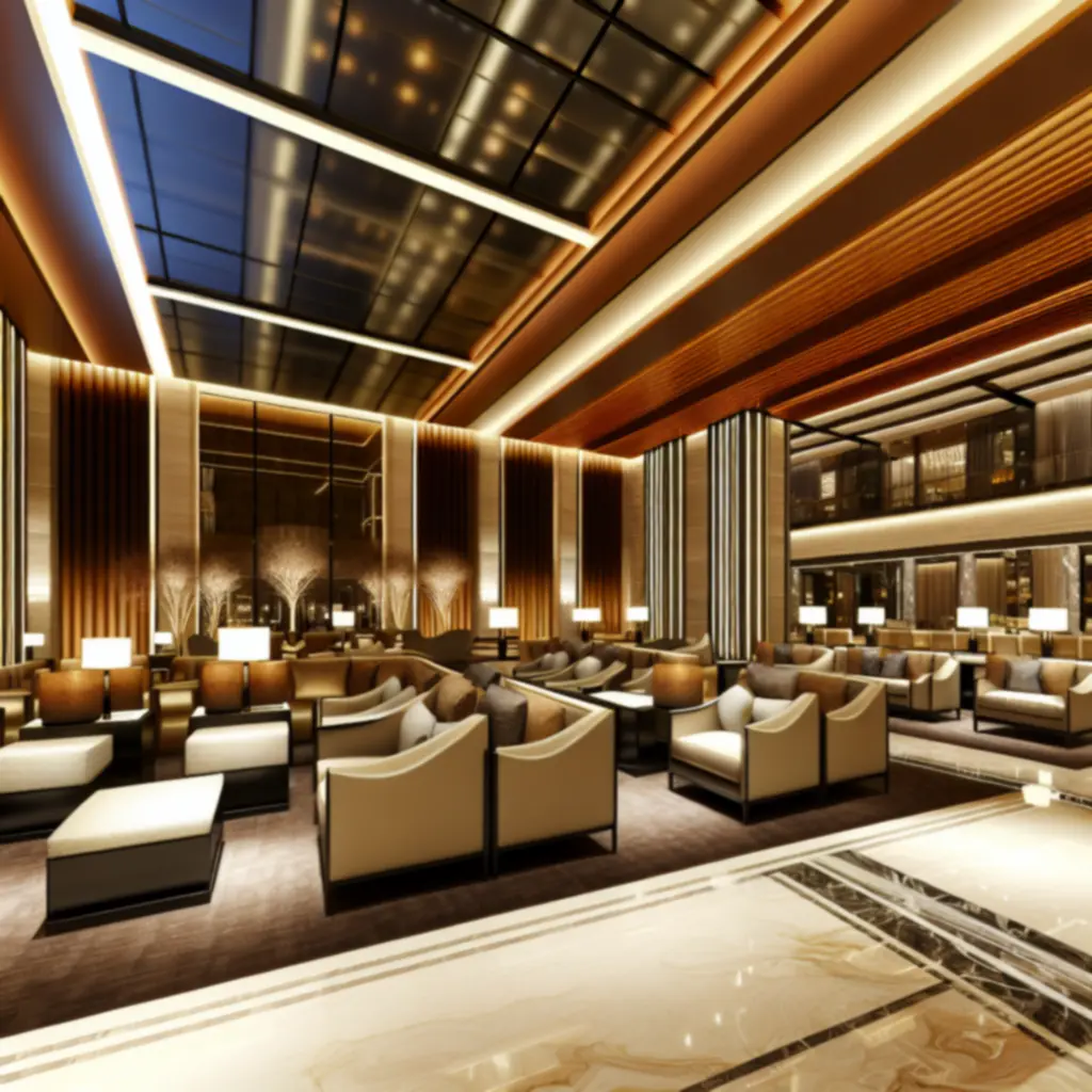 Luxe lobby met warme verlichting en elegante zitruimtes