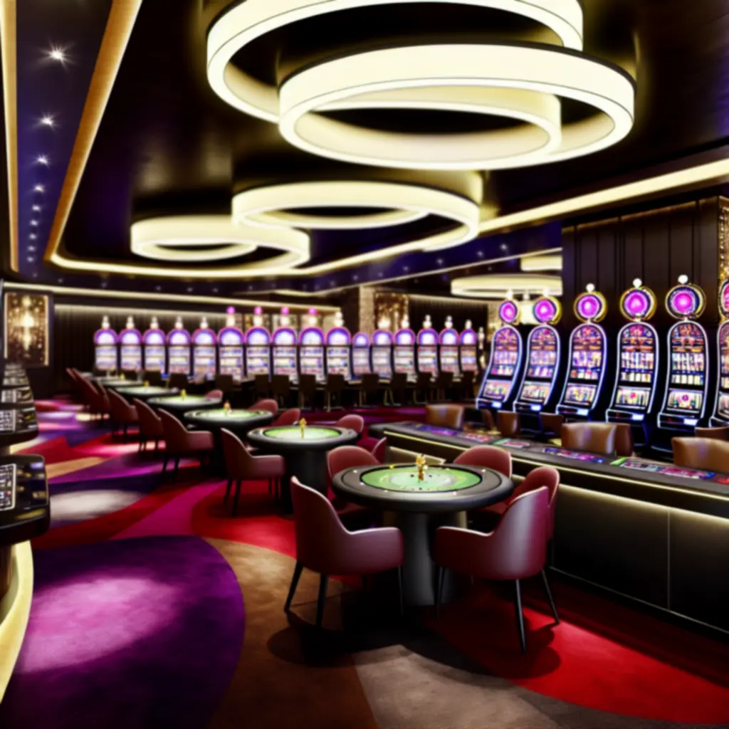 Verlichte casinovloer met speeltafels en moderne verlichting