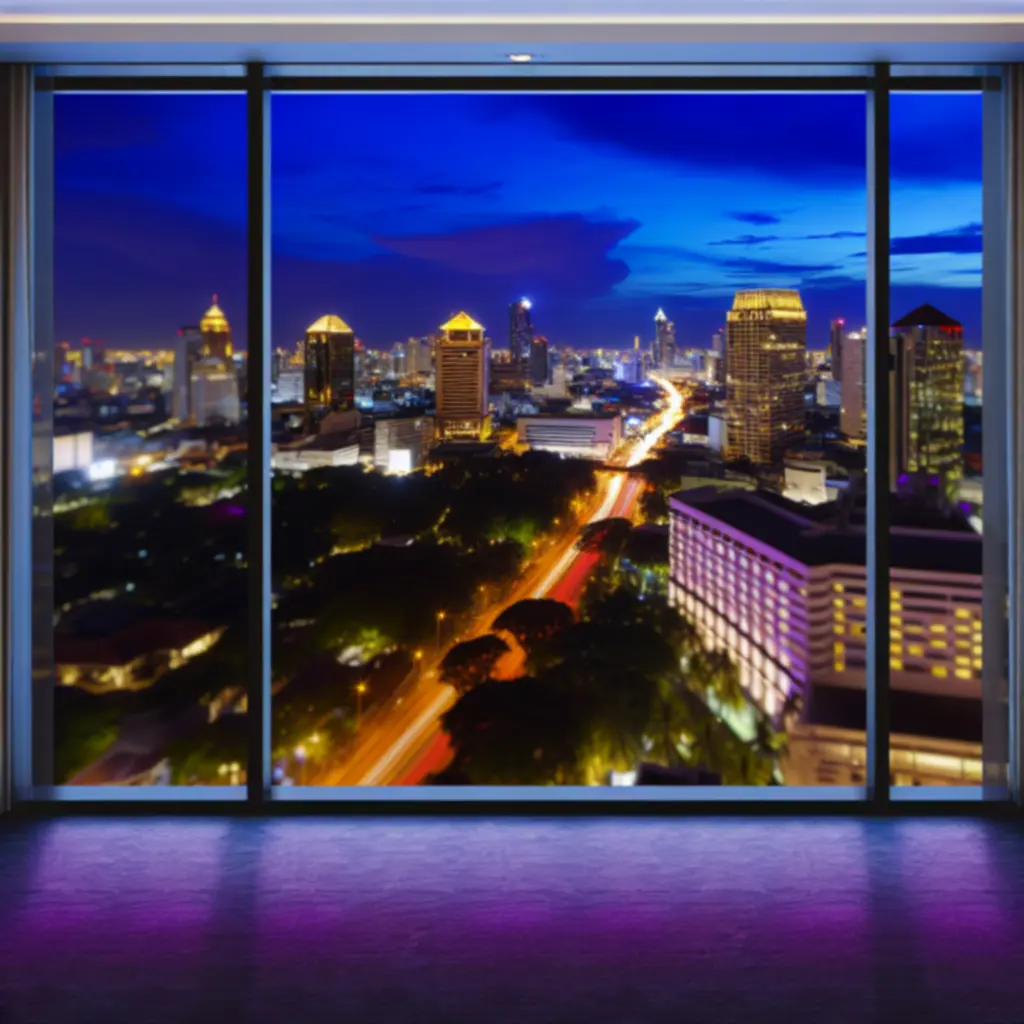 Uitzicht over de nachtelijke stad vanaf een hotelkamer