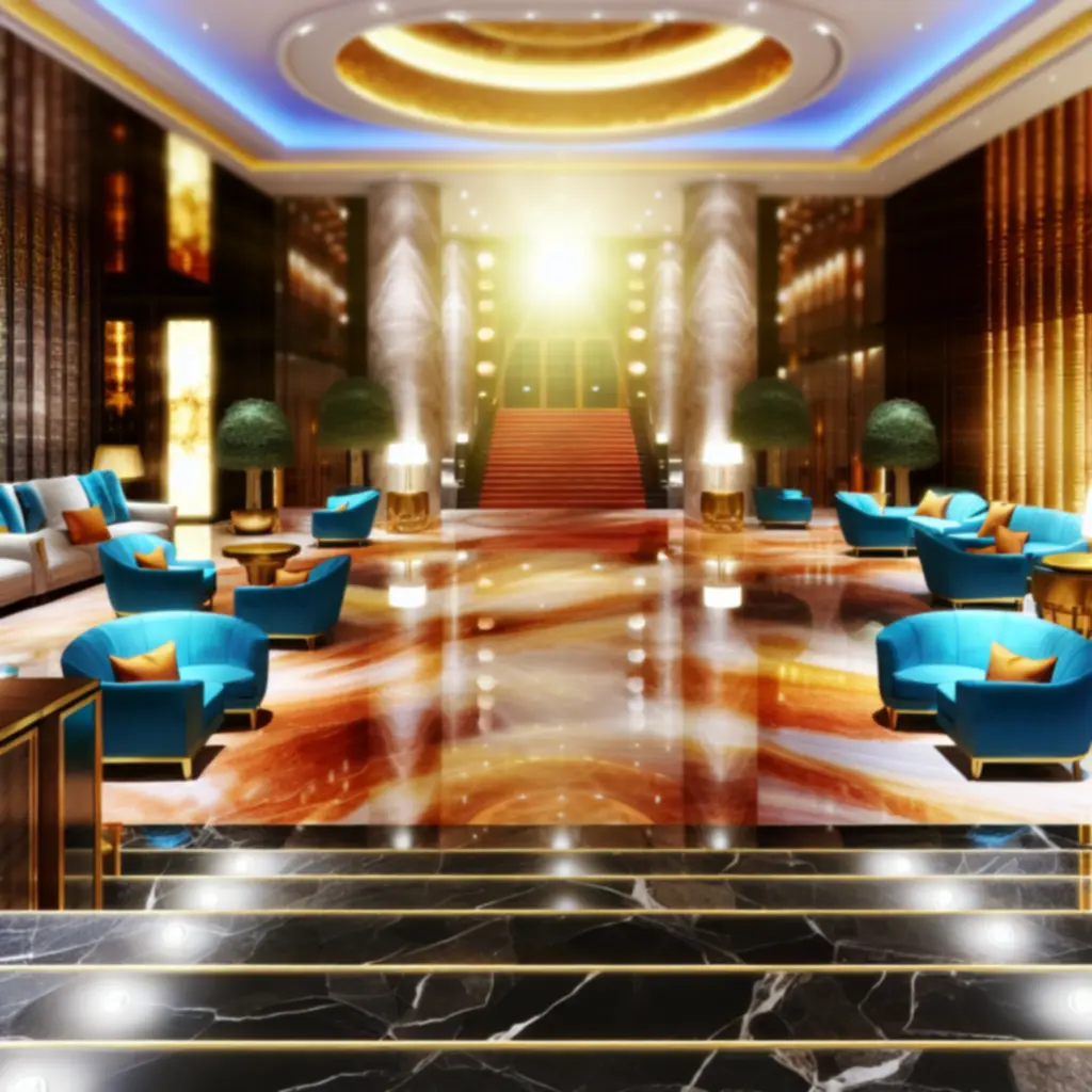 Luxe hotel lobby met warme verlichting en elegante afwerking