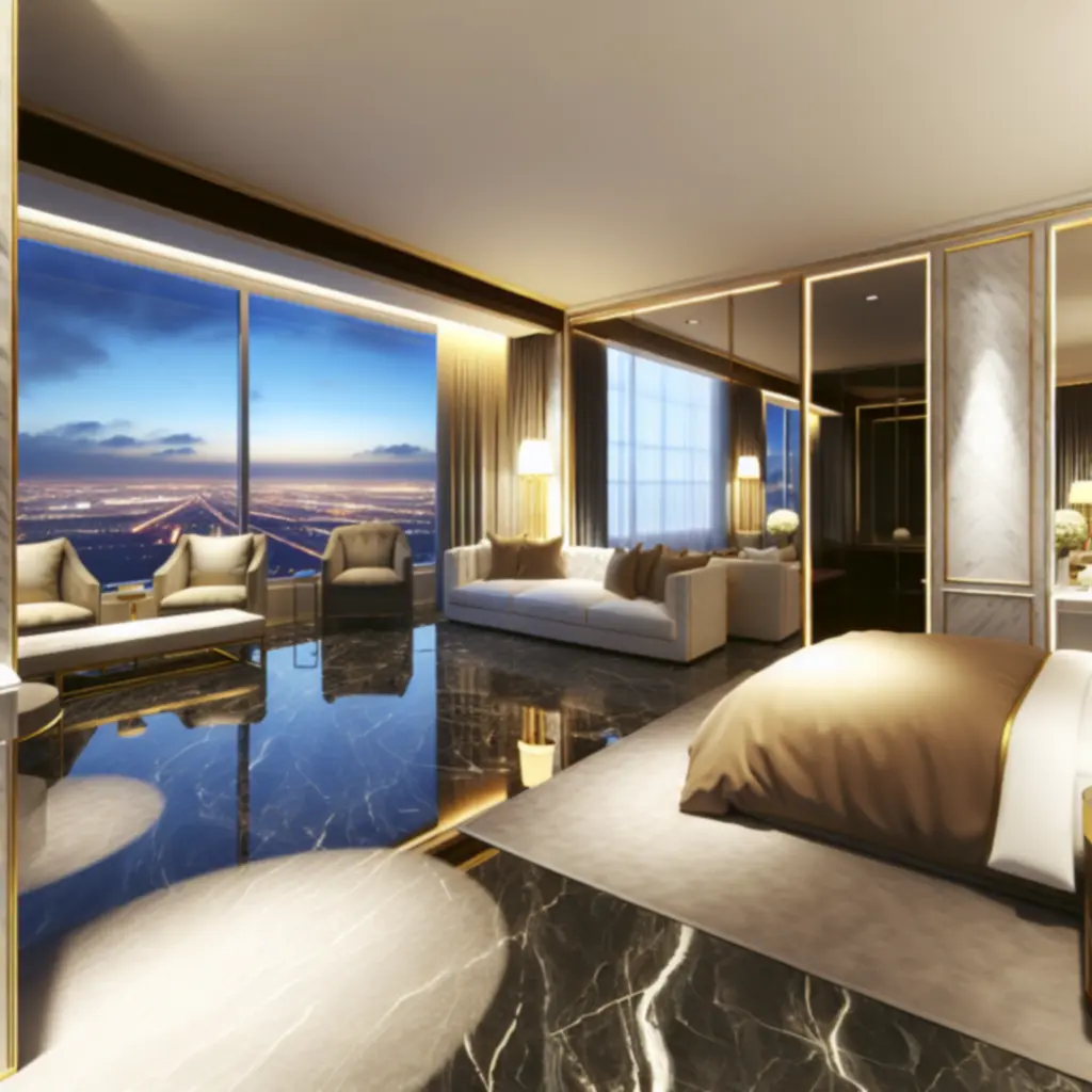 Luxe hotelkamer met zacht licht, marmeren accenten en uitzicht op de stad