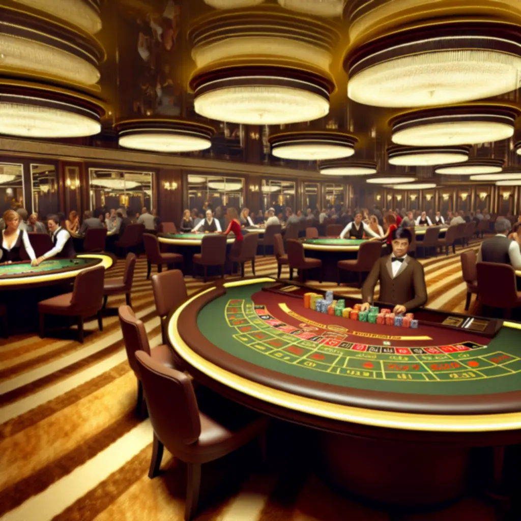 Luxe casinovloer met speeltafels en warme verlichting