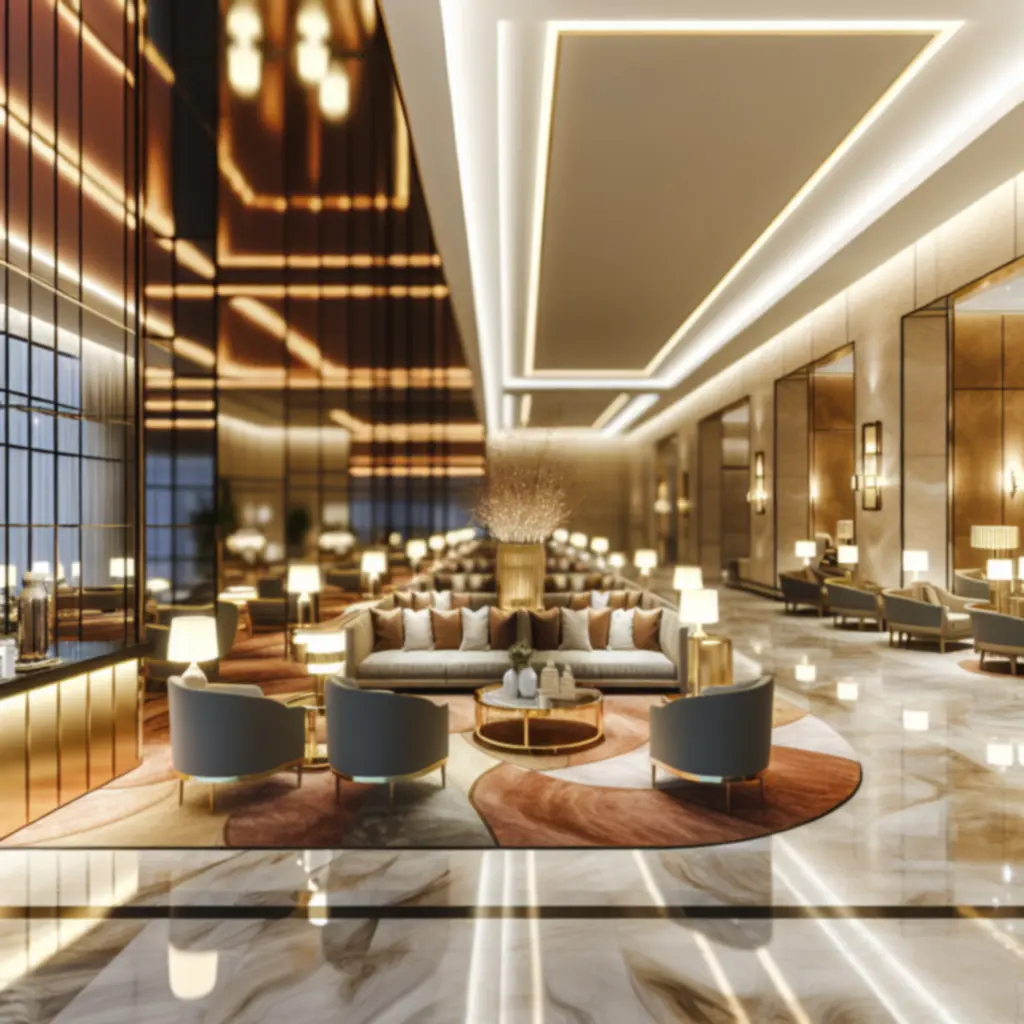 Luxe lobby van SterkeMerkenHotel met warme verlichting en moderne details