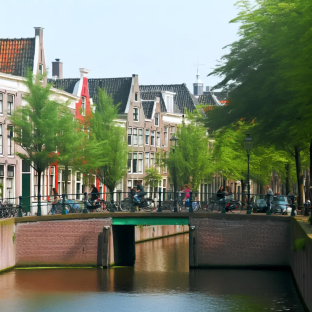 Karakteristieke gracht met passerende fietsers en wandelaars