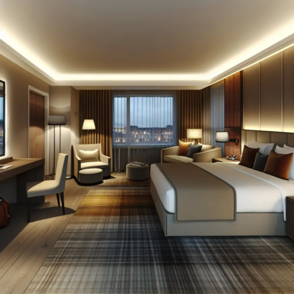 Standaardkamer met kingsize bed en warm verlichte interieurdetails