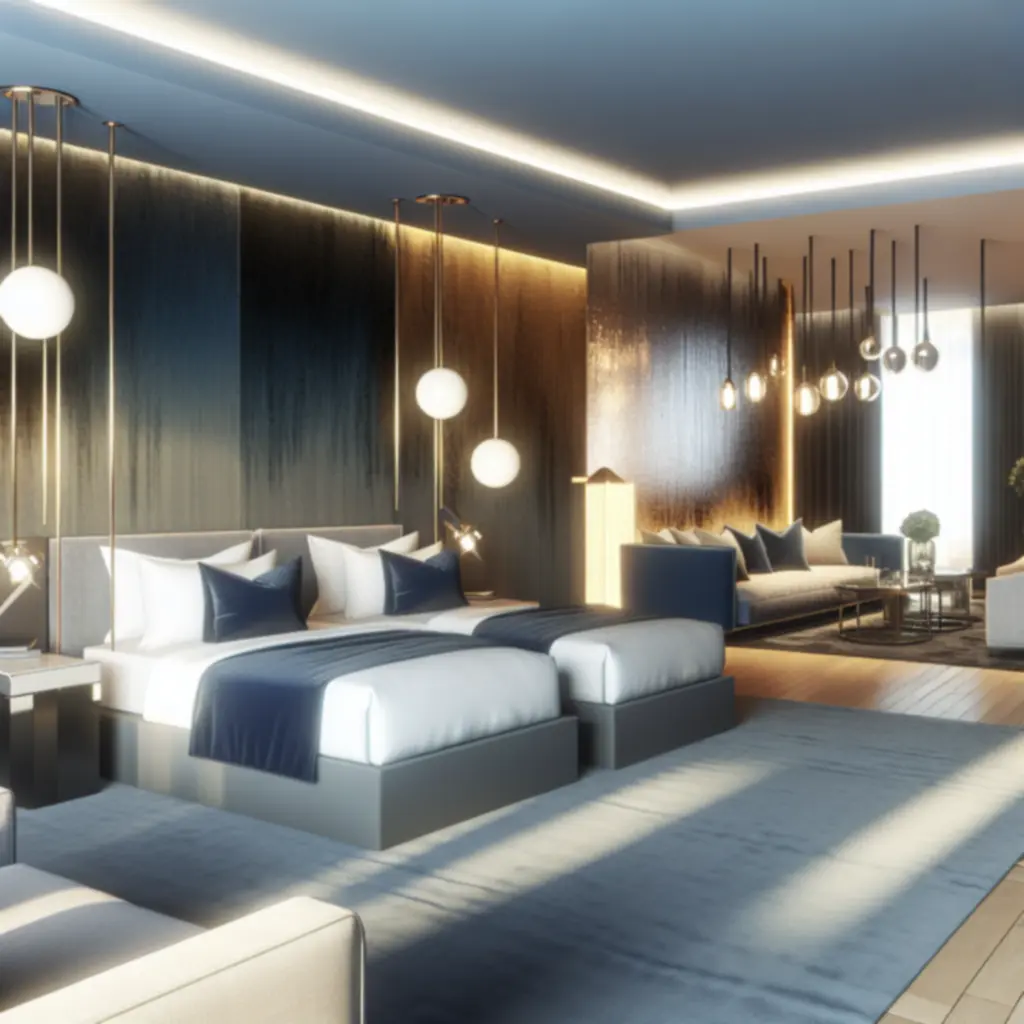 Elegante hotelsuite met diepe blauwtinten en gouden accenten