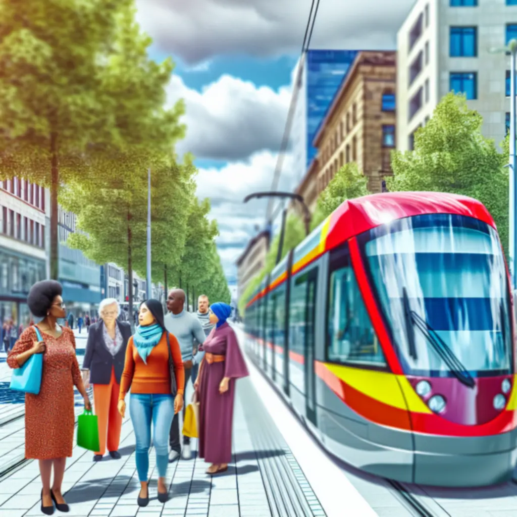 Tram rijdt langs een levendige boulevard